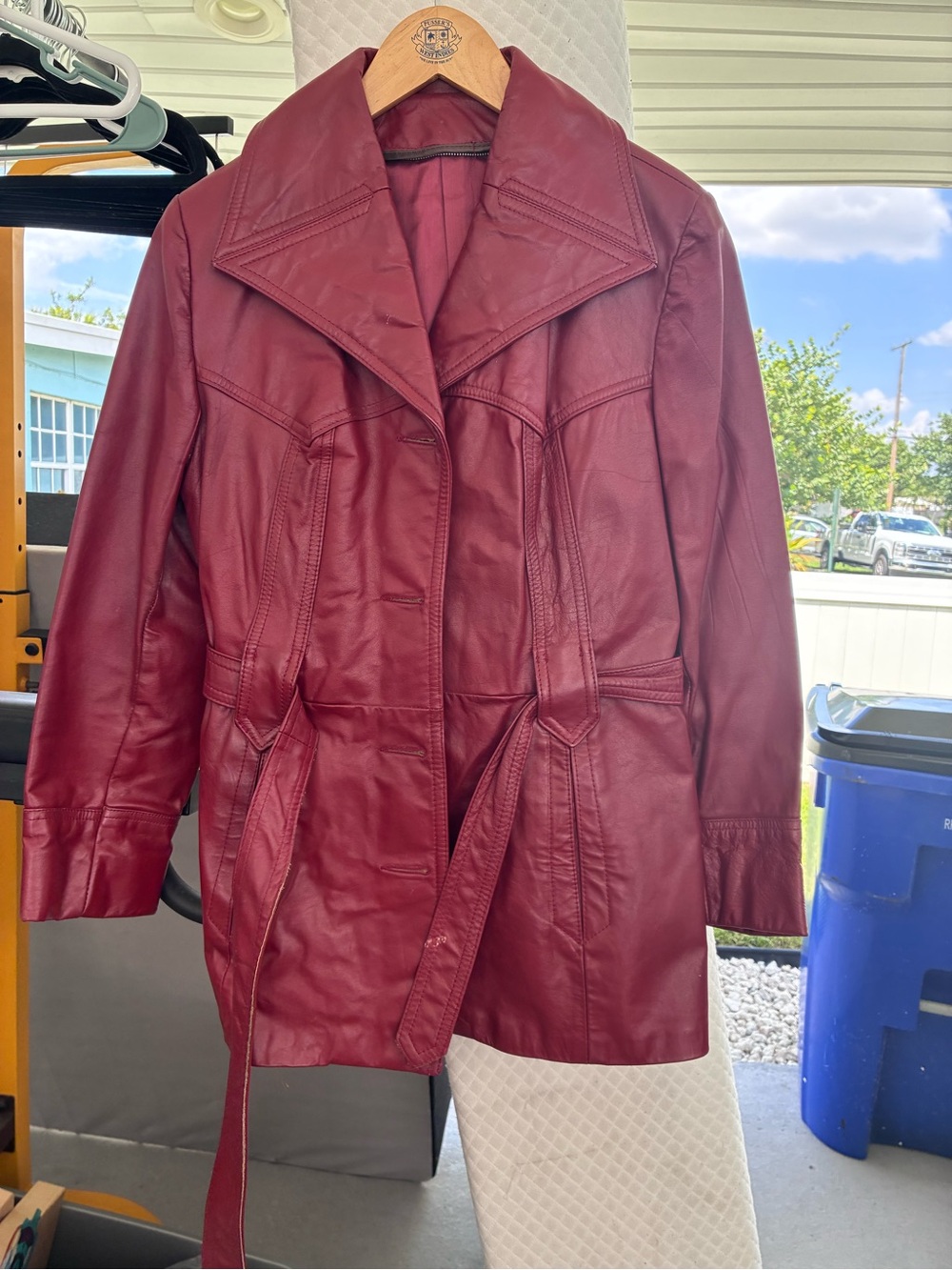 Classic Burgundy Leather Trench Coat with Belt - Women's Trench